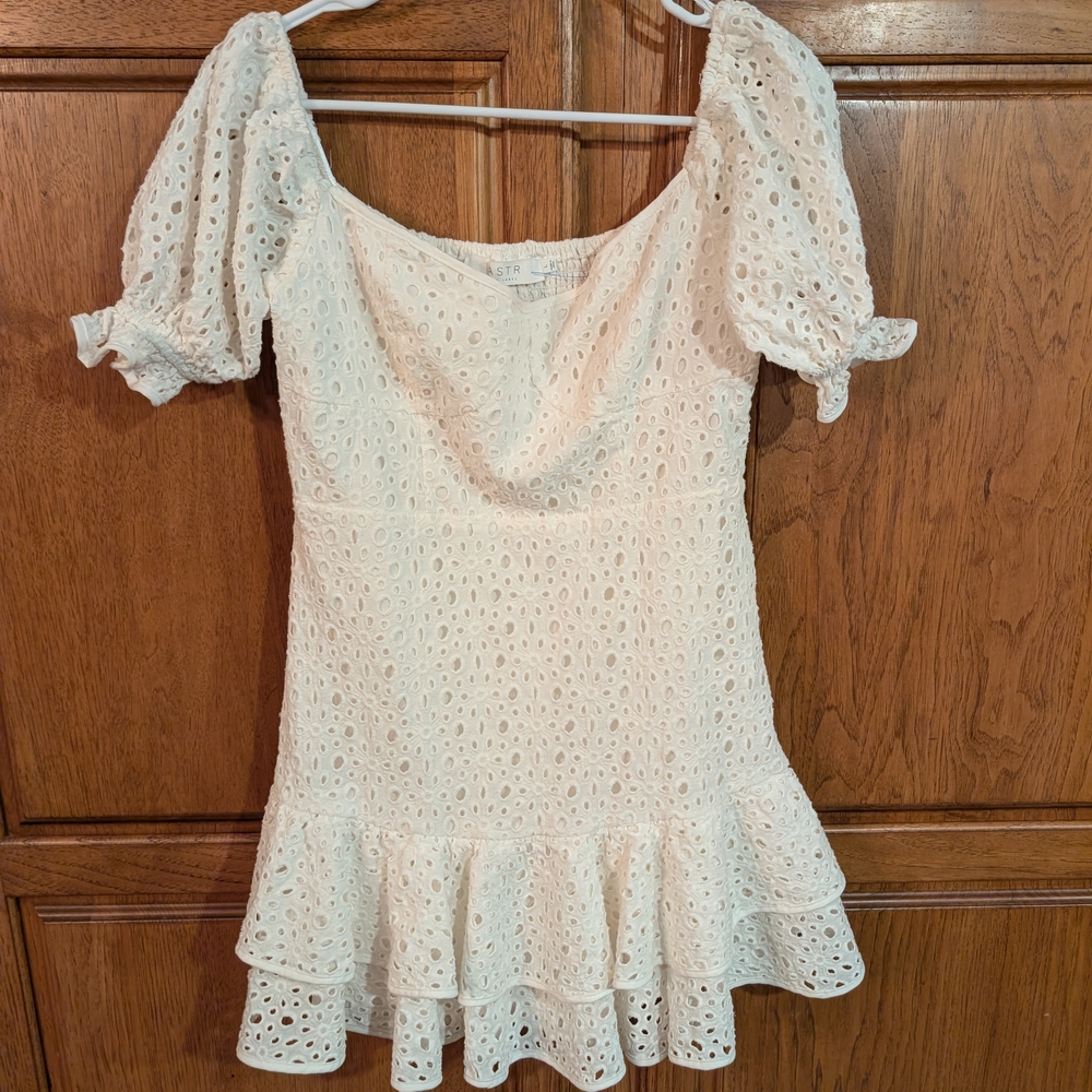 Astr Cream Eyelet Dress with Puff Sleeves